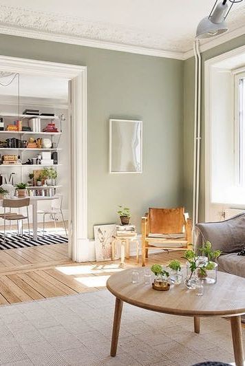 Neutral Green Dining Room, Soft Green Walls Living Room, Sage Green And Yellow Living Room, Sage Green And Terracotta Living Room, Open Doorway Ideas, Neutral Green Living Room, Dining Room Colours, Sage Dining Room, Sage Green Dining Room