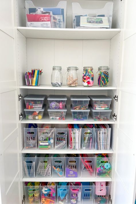 We love how this craft closet turned out. We used clear bins to make retrieval and cleanup a breeze! We of course used labels to create an easy-to-follow system. Click here to see what we used. Toy Closet Organization, Closet Organization Bins, Toy Room Organization, Craft Closet Organization, Craft Closet, Arts And Crafts Storage, Clear Bins, Baby Boy Room Decor, Kids Closet Organization