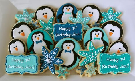 Penguin Themed Birthday Party, Penguin Birthday Party, Penguin Cookies, Penguin Baby Showers, Penguin Birthday, Penguin Party, 32 Birthday, Twin First Birthday, Baby Boy First Birthday