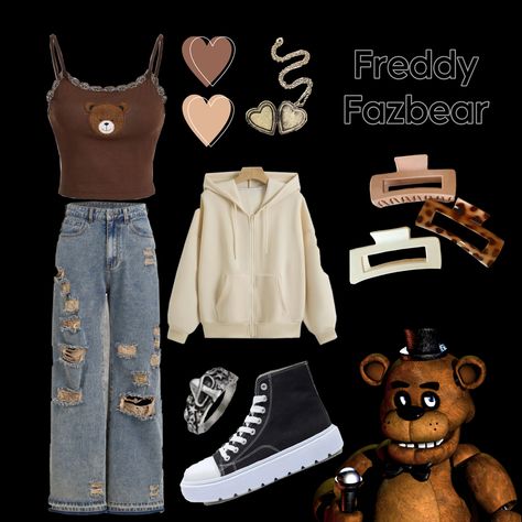 Fnaf outfit for freddy fazbear Freddy Fazbear Outfit Ideas, Freddy Fazbear Makeup, Fnaf Themed Outfits, Fnaf Movie Outfit Ideas, Freddy Fazbear Cosplay, Fnaf Inspired Outfits, Fnaf Outfit Ideas, Fnaf Outfits, Fnaf Costumes