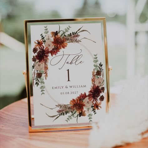 Editable Printable table number sign template - edit in Corjl.com editor Rustic Terracotta Wedding, Terracotta Wedding Table, Terracotta Floral Wedding, Fall Wedding Table Numbers, Autumn Table Decor, Table Number Sign, Wedding Table Number Signs, Floral Wedding Table, Table Number Template