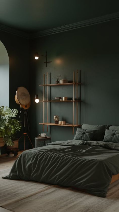 40+ Chic Moody Bedroom Ideas for a Sophisticated Retreat Dark Green Bedroom Mood Board, Behr Moody Green, Dark Green Room And Ceiling, Bedroom Inspirations Dark Green, Dark Green Bedroom With Wallpaper, Dark Green Aesthetic Bedroom Accent Wall, Black And Forest Green Bedroom, Dark Green Primary Bedroom, Dark Green Master Bedrooms Decor Cozy