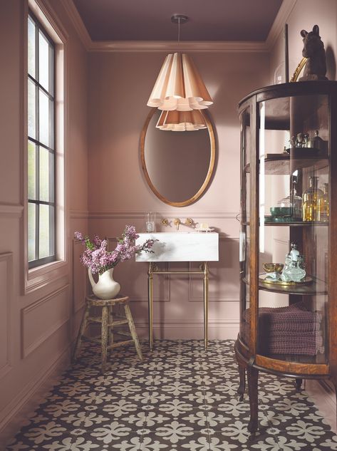 Home Decor Dark Wood, Bathroom Fixtures Ideas, Chateau Bathroom, Vintage Bathroom Remodel, Navy Pillow, Pink Paint Colors, Zyla Colors, Sherwin Williams Colors, Perfect Paint Color