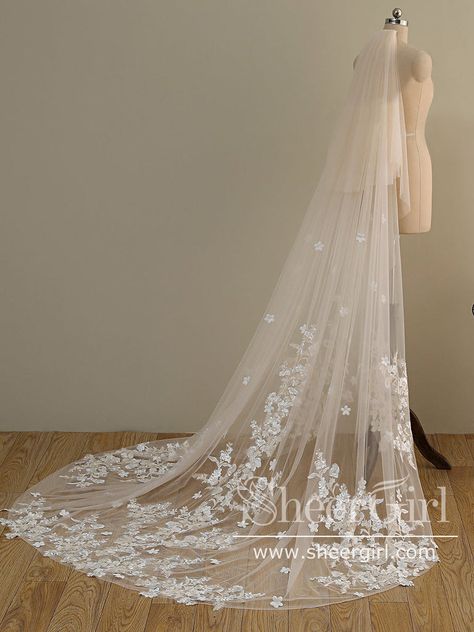 Ombre Champagne Floral Lace Ivory Cathedral Veil with Blusher Bridal Veil Wedding Veil ACC1193 Cathedral Veil With Blusher, Veil With Blusher, Red Mermaid Prom Dress, Lavender Prom Dresses, Prom Dress Trends, Veil Length, Navy Blue Prom Dresses, Mermaid Prom Dresses Lace, Blusher Veil