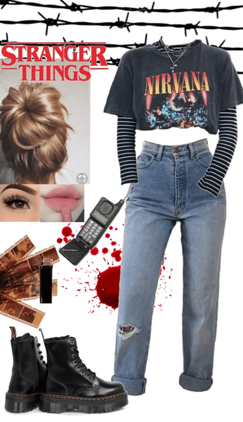 90s Outfit Doc Martens, 80s Doc Martens Outfit, Doc Martens Outfit 90s, Edgy 80s Outfits, Bright Grunge Outfits, 90s Doc Martens Outfits, 80s Outfits Rock, Stranger Things Aesthetic Fashion, Stranger Things Outfit Ideas 80s