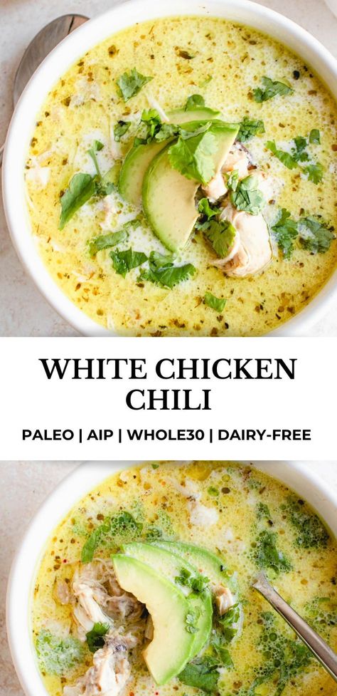 Green Chicken Chili, Instant Pot White Chicken Chili, Chicken Chili Soup, Aip Diet Recipes, Creamy White Chicken Chili, Autoimmune Paleo Recipes, Green Chili Chicken, Aip Paleo Recipes, Green Chicken