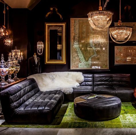 Black Leather Sofa Living, Black Leather Sofa Living Room, Gentlemens Room, Leather Sofa Living, Black Leather Sofa, Whiskey Lounge, Orchard House, Rich Living, Industrial Home Design