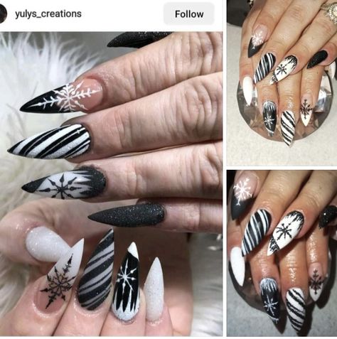 Gothic Thanksgiving Nails, Black And White Nails Christmas, Spooky Holiday Nails, New Years Nail Designs Black, Goth Xmas Nails, Goth Holiday Nails, Horror Christmas Nails, Alt Christmas Nails, Dark Christmas Nail Designs