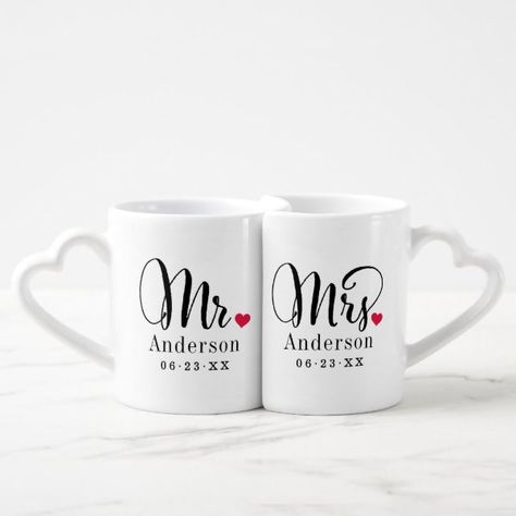 Mr and Mrs Elegant Script Custom Wedding Monogram Coffee Mug Set Newlywed Gifts Basket, Married Couple Gifts, Heart Monogram, Monogram Coffee Mug, Custom Wedding Monogram, Coffee Mug Set, Wedding Mugs, Couple Mugs, Wedding Monogram