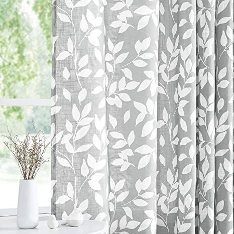 Treatmentex Grey and White Curtains for Bedroom 63" Length Leaf Print Curtains for Windows Semi-Sheers, Grommet Top, 2 Pack Blue Curtains For Bedroom, Grey And White Curtains, Long Window Curtains, Blue And White Curtains, Kitchen Window Curtains, Long Living Room, Leaf Curtains, Living Room Drapes, Decorative Curtain Rods