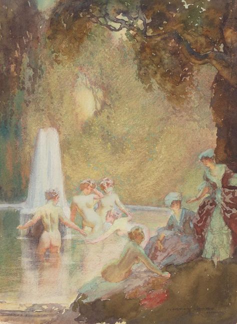 The fountain | Norman LINDSAY | NGV | View Work Norman Lindsay, Francis Picabia, Dante Gabriel Rossetti, John Everett Millais, Fairy Pools, Woodland Scene, Art Et Illustration, Art And Illustration, Mural Painting