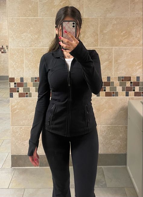 Black Athletic Jacket Outfit, How To Style Lulu Define Jacket, Lululemon Black Define Jacket Outfit, Lulu Define Jacket Outfit Black, Define Jacket With Jeans, Lulemon Define Jacket, Black Lululemon Jacket Outfit, Black Define Jacket Outfit, Athletic Jacket Outfit