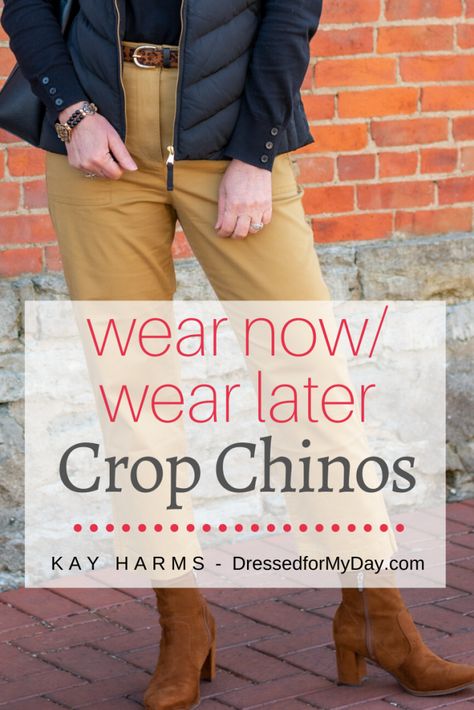 3 Ways to Style Crop Chinos - Dressed for My Day Chinos Women Outfit, Pant Silhouettes, Cropped Pants Outfit, Dressed For My Day, Vintage Street Fashion, Spring Fashions, Cropped Chinos, Navy Chinos, Womens Chinos