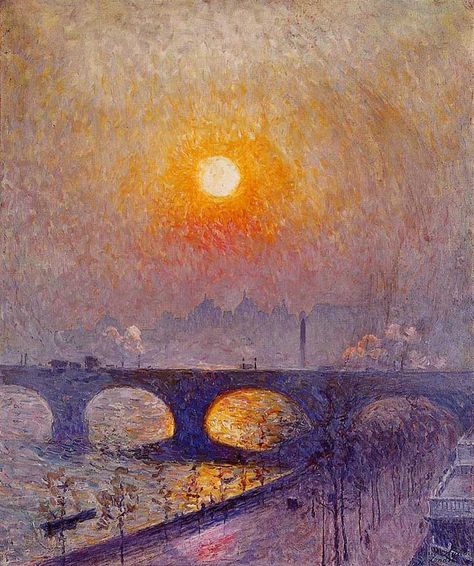 Emile Claus, Sunset Over Waterloo Bridge, 1916 Waterloo Bridge, Auguste Rodin, Post Impressionism, Oil Painting Reproductions, A4 Poster, Painting Reproductions, A Bridge, Vintage Artwork, Painting Techniques