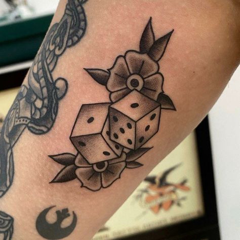 Floral dice tattoo: Dice Tattoo, Archangel Tattoo, Date Tattoos, Bull Tattoos, Western Tattoos, Traditional Tattoo Sleeve, Risk Taker, Tattoo Magazines, Dream Tattoos