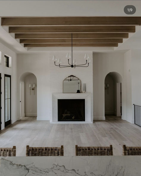 Perfect White Paint, Beams Living Room, Room With Fireplace, White Paint Colors, Spanish House, Studio Mcgee, Beautiful Living Rooms, Wood Beams, Living Room With Fireplace