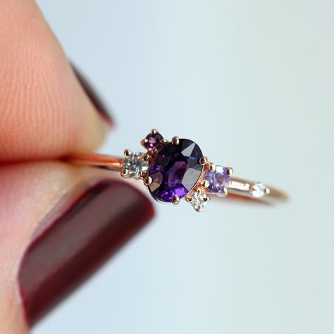 This cluster ring makes us sing Purple rain💜 This was a custom piece with gorgeous deep purple sapphire, but we can make it with any gemstone of your choice. Visit Capucinne.com for a selection of cluster rings. 💫 Tag your girls!👯‍♀️ Purple Sapphire Engagement Ring, Unique Rose Gold Engagement Ring, Antique Amethyst Ring, Royal Blue Sapphire Ring, Engagement Ring Cluster, Purple Sapphire Ring, Amethyst Ring Engagement, Ring Cluster, Engagement Ring Unique