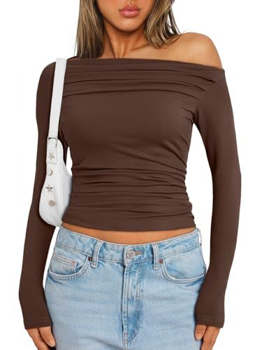 Trendy Queen Womens Long Sleeve Shirts Off The Shoulder Ruched Crop Tops Going Out Y2k Blouses Fall Clothes Trendy Outfits Casual Fashion Korean, Slim Fit Crop Top, Long Sleeve Outfits, Y2k Tops, Coffee Color, Long Sleeve Outerwear, Rock Shirts, Cropped Tops, Long Sleeves Coats