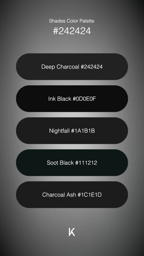 · Deep Charcoal #242424: An elegant and subtle night sky whisper that embraces shadows and invites the warmth of the light. ·  #AshVelvet #CharcoalVelvet #Color #ColorPalette #DeepCharcoal #Hex · Kid’s Pattern Charcoal Color Palette, Comp Sci, Charcoal Colour, Colour Pallets, Shadow Color, Hex Color Palette, Color Codes, Model Paint, Hex Colors