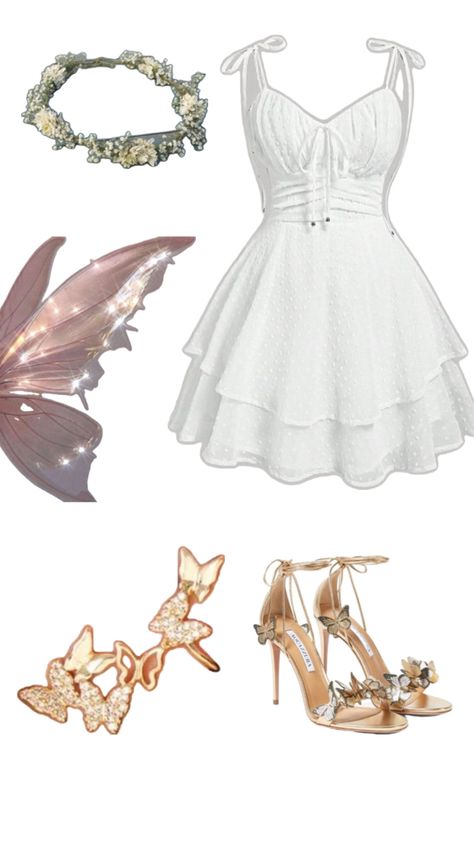 A simple flowy dress with some cute flowery heels a flower crown some cute fairy wings and a cute gold earpiece Cute Fairy Wings, Cute Fairy, Fairy Costume, Fairy Wings, Flowy Dress, Flower Crown, A Flower, Last Minute, Crown