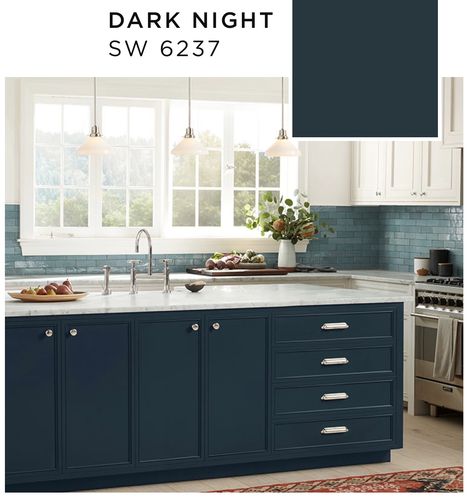 Sherwin Williams: Dark Knight | Kitchen, Blue kitchens, Kitchen pantry Dark Knight Sherwin Williams, Kitchen Indigo Blue, Sherwin Williams Dark Knight, Dark Blue Kitchen Cabinets Farmhouse, Dark Knight Paint Sherwin Williams, Small Kitchen Dark Blue Cabinets, Best Dark Blue Cabinet Paint Colors, Best Dark Navy Paint For Cabinets, Navy Blue Kitchen Cabinets Farmhouse Tile