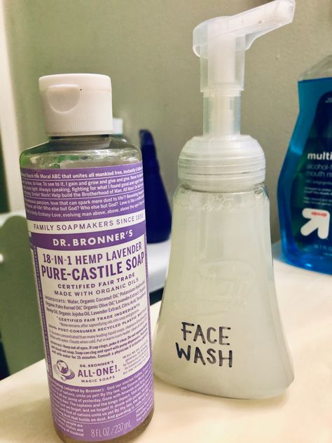 I reused a dial hand soap dispenser for my face wash. Very simple! Add 2 tablespoons of Dr. Bronner’s Lavender Pure Castile Soap with water & you’re done! Dr Bronners Castile Soap Uses, Dr Bonners, Dr Bronners Laundry Soap, Dr Bronners Castille Soap, Dr Bonners Castile Soap Hand Soap, Castile Soap Hand Soap, Dr Bronners Pure Castile Soap, Dr Bronners Soap, Face Essentials