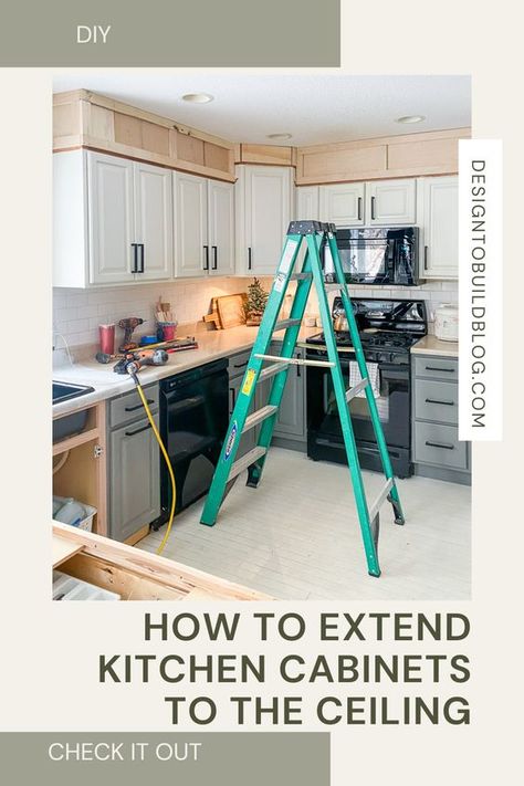 Learn how to extend your kitchen cabinets to the ceiling. Upgrade your kitchen with this easy to follow tutorial. DIY this project for a more modern look. Extend Kitchen Cupboards To Ceiling, Kitchen Cabinets At Different Heights, Diy Extend Kitchen Cabinets To Ceiling, How To Enclose The Space Above Kitchen Cabinets, Kitchen Cabinet Ceiling Trim, Extending Kitchen Cabinets To The Ceiling, Cabinets Dont Go To Ceiling, Kitchen Cabinet Ceiling Gap, Bringing Cabinets To Ceiling