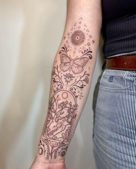 Mismatched Sleeve Tattoo, Earthy Tattoos Sleeve, Tattoo Ideas Hidden, Delicate Shin Tattoo, Sleeve Tattoos Patchwork, Non Floral Sleeve Tattoos For Women, Tattoo Sleeve Background Filler, Whimsical Half Sleeve Tattoo, Whimsical Tattoo Filler