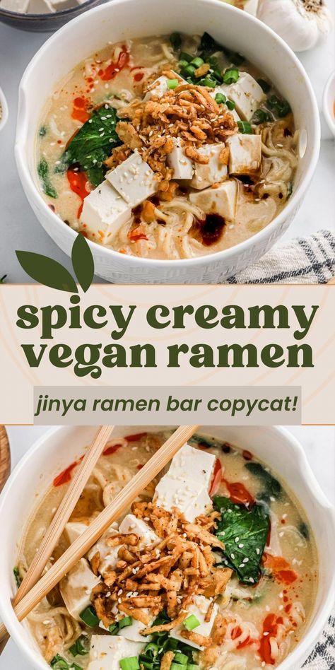 Inspired by the mouthwatering flavors of Jinya Ramen Bar, this Spicy Creamy Vegan Ramen is a delightful fusion of creamy, savory, and rich tastes. Topped with silken tofu, fresh spinach, green onion, sesame seeds, and drizzled with chili and garlic oils, it's a bowl of pure comfort. Surprisingly addictive and quick to prepare, you can have this delicious ramen ready in just 30 minutes using your Instant Pot. Vegan Gluten Free Ramen, Vegan Baked Tofu Recipes, Ramen Noodle Recipes Tofu, Veggie Ramen Recipes, Recipes Using Silken Tofu, Jinya Ramen Recipe Copycat, Trader Joe’s Ramen Recipe, Creamy Ramen Recipes, Creamy Spicy Ramen