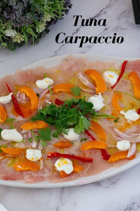 Tuna Carpaccio Recipe, Tuna Carpaccio, Apricot Slice, Easy Seafood Recipes, Seafood Soup, Chili Oil, Fish Fillet, Shallots, Fish And Seafood