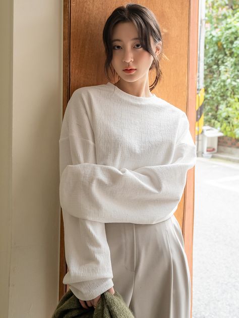 Dazy-Less Round Neck Drop Shoulder Tee Oversized White T Shirt, Shoulder Cardigan, Full Sleeve Top, Full Sleeve Tshirt, Drop Shoulder Cardigan, Artsy Outfit, Drop Shoulder Tee, Inverted Triangle, Women T Shirts