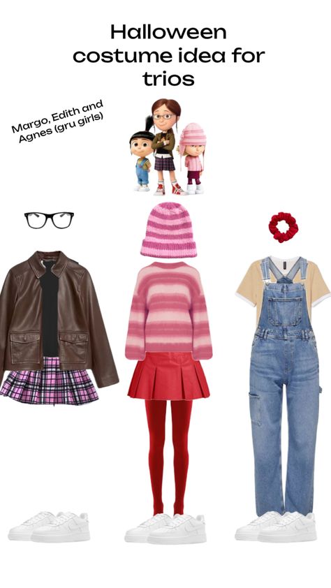 Halloween costume idea for trios, Margo, Edith and Agnes (gru girls) Agnes Costume, Gru Costume, Despicable Me Gru, Despicable Me Costume, Agnes Despicable Me, Cute Group Halloween Costumes, Trio Halloween Costumes, Halloween Costume Idea, Hallowen Costume