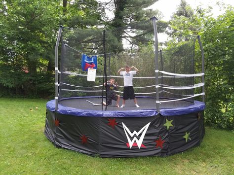 WWE trampoline wrestling ring, dollar store creativity! Wwe Wrestling Party Ideas, Wrestling Themed Party, Diy Wrestling Ring, Wrestling Bedroom Ideas, Wwe Birthday Party Ideas Decoration, Wwe Party Ideas, Wrestling Birthday Party Ideas, Wwe Photoshoot, Wrestling Birthday Party