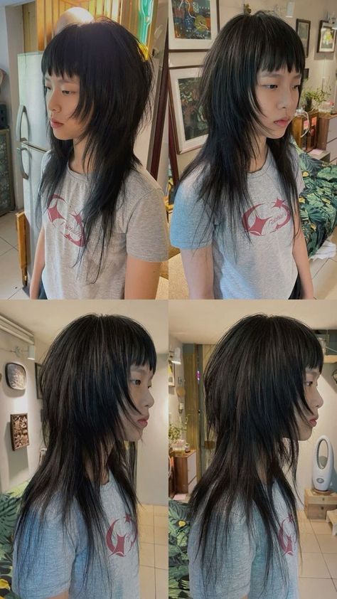 Japanese Alt Hair, Emo Layers Haircut, Half Short Half Long Haircut, Harajuku Haircut, How To Style Wolfcut, Long Alt Hair, Vkei Haircut, Wolfcut With Bangs, Layer Mullet