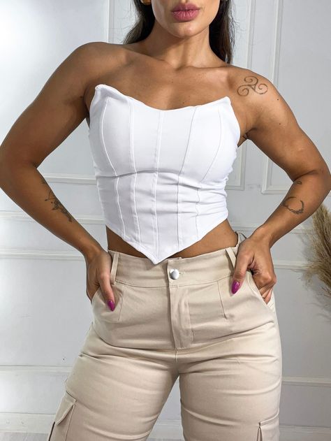 Branco  Collar  Tecido   Embellished Elasticidade alta Corset Cropped, Cropped Corset, Top Corset, Corset Crop Top, Looks Party, Crop Top, Womens Tees, Crop Tops, Plus Size