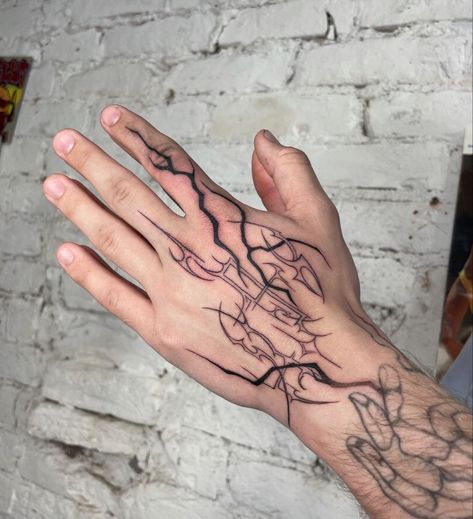 hand tattoo by (@/olyaglotova) on ig Intricate Hand Tattoo, Neotribal Tattoo Design Hand, Large Hand Tattoo, Greek Hand Tattoo, Neotribal Hand Tattoo, Freehand Tattoo Ideas, Abstract Hand Tattoo, Anime Hand Tattoo, Full Hand Tattoos