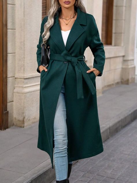 Lapel Neck Belted Overcoat | SHEIN USA Fashion Online Shop, Online Fashion, All Fashion, Men's Clothing, Style Inspiration, Mens Outfits, Collar, Green, Clothes