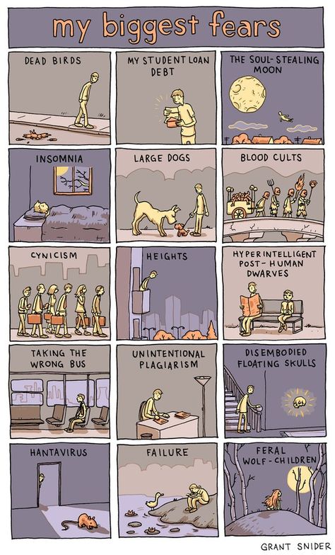 15 Fears for the Scaredy Cat in All of Us Fears List, Grant Snider, Common Fears, Wolf Children, Post Human, Life Comics, Stream Of Consciousness, Biggest Fears, Visual Culture