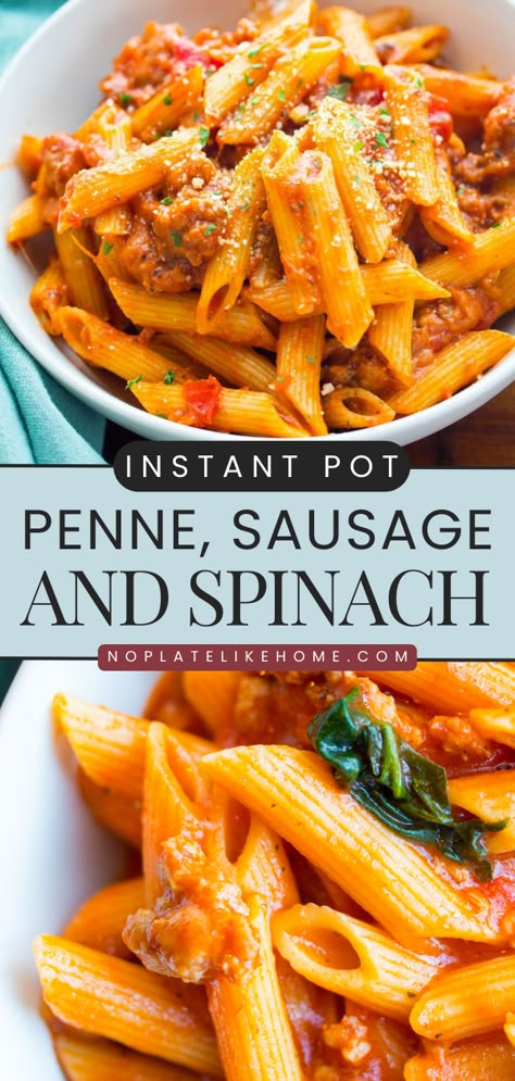 The perfect weeknight dinner in under 30 minutes! Cheesy, filling, and delicious, this Instant Pot penne pasta will become one of your go-to comfort food. What's not to love about a simple pasta recipe with veggies and cheese in meat sauce? Pasta With Sausage And Spinach, Saucy Noodles, Pasta With Italian Sausage, Sausage Spinach Pasta, Pressure Cooker Pasta, Sausage And Spinach, Sausage Pasta Recipes, Instant Pot Pasta, Kids Plate