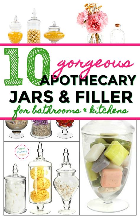 Look no futher for GORGEOUS APOTHECARY JARS! Here are the types of jars you can get + a good list of apothecary jar filler ideas for your kitchen counter and bathroom. Apothecary Jars Bathroom Decor, Apothecary Jar Ideas Kitchen, Apothecary Jars Decor What To Put In, Decorating With Apothecary Jars, Large Apothecary Jars Decor, Apothecary Jars Decor Kitchen, Large Glass Jar Decor, Bathroom Jars Ideas, What To Put In Glass Jars