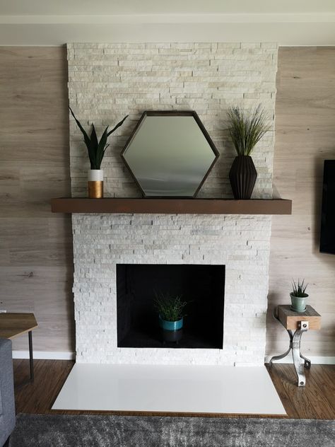 White Textured Tile Fireplace, White Slate Fireplace, White Stone Tile Fireplace, Simple Fireplace Ideas, Chimney Mantel, Ledger Stone Fireplace, Ledgestone Fireplace, Tiled Fireplace Wall, Stone Tile Fireplace