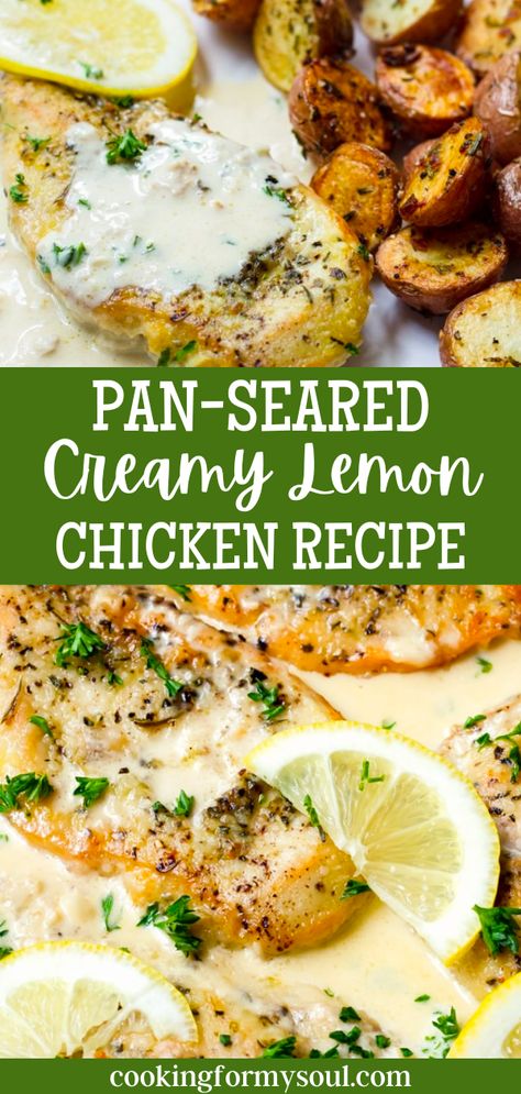 Enjoy the amazing flavors of this easy creamy lemon chicken dinner tonight! The pan-seared chicken is tender, and the creamy lemon sauce is rich and tangy. Create a meal your entire family will love with minimal effort thanks to this quick and delicious recipe. Serve up a plate of comfort food that's sure to please even the pickiest eaters! Skillet Roasted Lemon Chicken Ina Garten, Lemon Pepper Chicken Sauce, Creamy Lemon Chicken And Rice, Lemon Meals, Creamy Lemon Herb Chicken, Lemon Chicken Bake, Creamy Lemon Pepper Chicken, Easy Creamy Lemon Chicken, Creamy Lemon Chicken Recipe