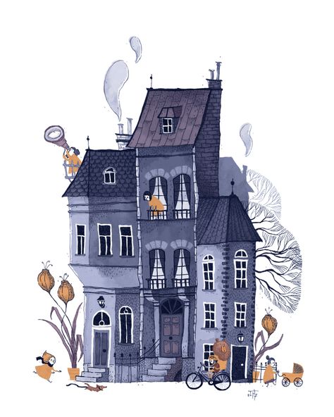 Ghost House Illustration, Halloween House Illustration, Halloween House Drawing, Forest Fireflies, Draw Forest, Architectural Illustration, Building Illustration, Book Illustration Art, House Illustration