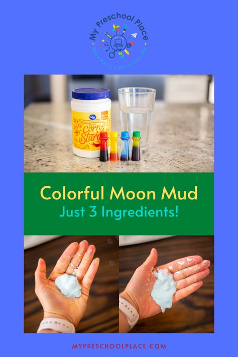 One of our favorite easy homemade activities for kids! Colorful moon mud is an easy sensory activity for preschoolers that involves just three ingredients! Your preschool will love watching the substance go solid then liquid instantly! It makes a fun preschool science project as well. #scienceexperimentskidspreschool #homemadeplaydoughcornstarch #easybusyactivitiesfortoddlers #preschoollearningactivitiesathomeideas #homeschoolpreschoolactivities #preschoolscienceprojects #foodcoloringcraft Food Coloring Crafts, Mud Recipe, Science Projects For Preschoolers, Homemade Puffy Paint, Sensory Play Recipes, Sensory Activities For Preschoolers, Online Preschool, Ice Cream Crafts, Preschool Schedule