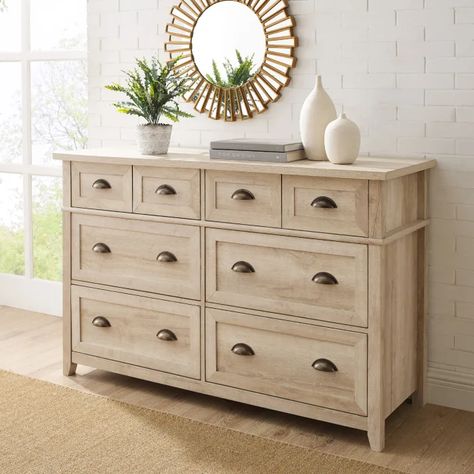 Transitional Farmhouse White Oak 6 Drawer Dresser — Pier 1 Farmhouse Dresser, Transitional Farmhouse, Easter Dresses For Toddlers, Matching Nightstands, Long Dresser, Oak Dresser, Six Drawer Dresser, Rustic Storage, White Dresser