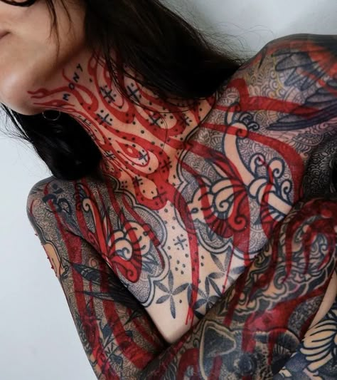 Full Body Red Tattoos, Red Blast Over Tattoo, Red Over Black Tattoo, Black Red Sleeve Tattoo, Red Flame Tattoo, Full Body Tattoos For Women, Red And Black Asian Tattoo, Whole Body Tattoo Woman, Full Body Tattoo Women