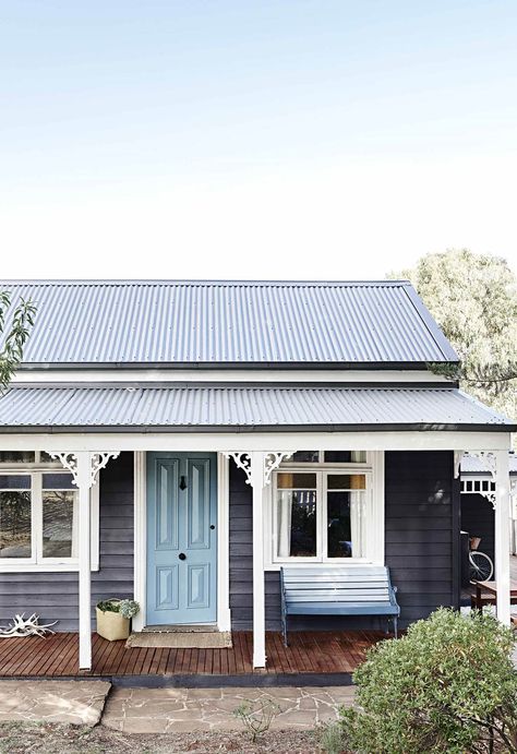 Renovated Victorian weatherboard cottage in Daylesford with pale blue door, timber decking and white trim. Weatherboard House, Gray House, Cosy Interior, A Small House, Cottage Renovation, Cottage Exterior, House Paint Exterior, Blue Door, Australian Homes