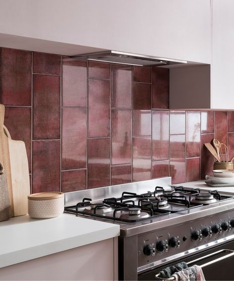 Tiled Splashback Kitchen, Plum Kitchen, Purple Tile, Brown Tile, Tile Splashback, Topps Tiles, Purple Bathrooms, Tiles Kitchen, Kitchen Splashback