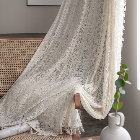 Amazon.com: WAZZIO Beige Kichen Curtains Boho Lace Sheer Curtains 45 Inch Length 2 Panel,Rod Pocket Farmhouse Light Filtering Sheer Curtain Tassel Bohemian Short Curtains for Bedroom Living Room - Cream : Home & Kitchen Neutral Curtains, Cream Curtains, Bohemian Curtains, Tassel Curtains, Farmhouse Curtains, Curtains For Bedroom, Short Curtains, Boho Room Decor, Crochet Curtains