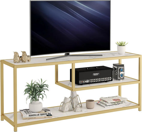 Function Home TV Stand for TVs up to 55 Inch, 3 Tier Entertainment Center, Media Console with Open Storage Shelves for Living Room Bedroom, 47” Modern TV Table with Faux Marble Top Gold Metal Leg Modern Tv Table, Gold Tv Stand, Home Tv Stand, Open Storage Shelves, Shelves For Living Room, Modern Tv Cabinet, Tv Table, Support Tv, Media Furniture